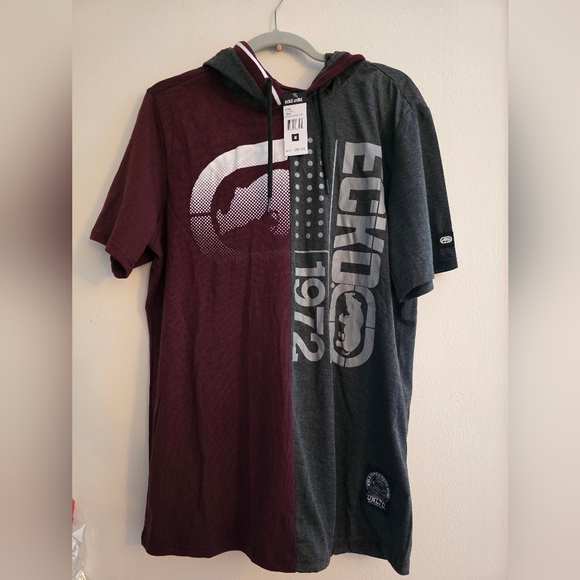 Ecko Unltd Men's Short Sleeve Hoodie T-shirt Sz Medium Burgundy Charcoal Heather - Picture 2 of 8